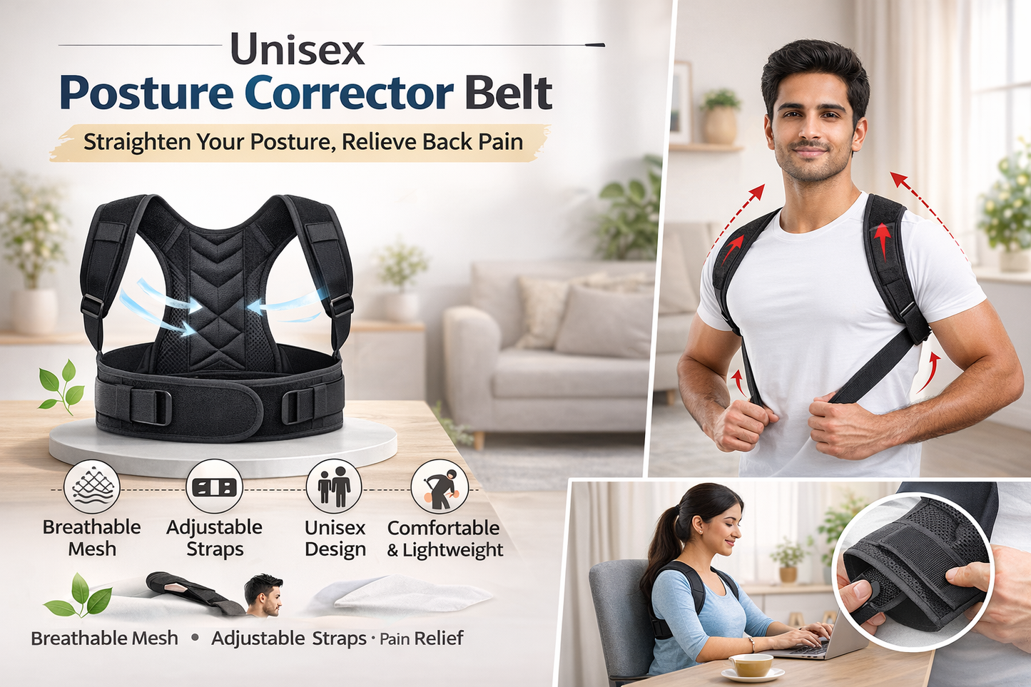 Back Pain Relief Posture Corrector Belt – Adjustable Spine Support