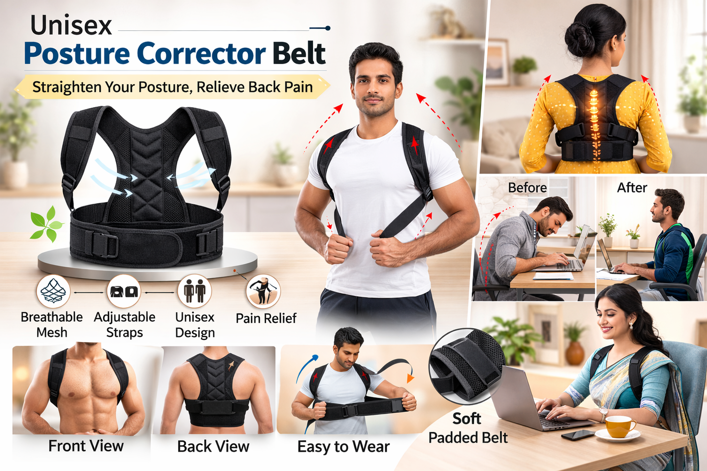 Back Pain Relief Posture Corrector Belt – Adjustable Spine Support
